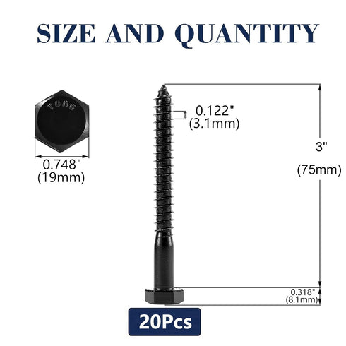 1/2" x 3" Hex Head Lag Screws Bolts, 20Pcs 304 Stainless Steel 18-8, Partial Thread, Hexagon Head Wood Screws