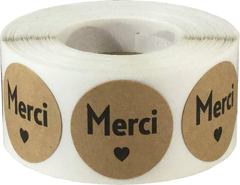 Merci French Thank You Natural Kraft Adhesive Stickers, 1 Inch Round Labels, 500 Labels