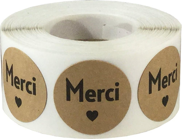 Merci French Thank You Natural Kraft Adhesive Stickers, 1 Inch Round Labels, 500 Labels