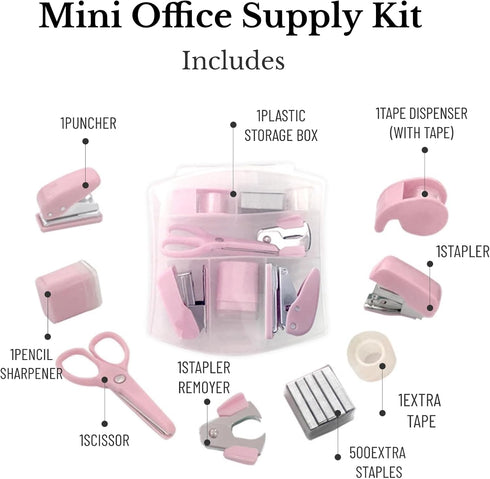 Mini Office Supply Kit Portable Case with Scissors, Mini Stapler,Tape Dispenser,Hole Puncher,Staples Mini Desktop Stapler for Office Or School Supplies by crayfomo