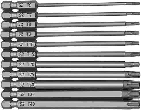 11PCS Torx Head Screwdriver Bit Set, 1/4 inch Hex Shank S2 Steel, Magnetic Security T6-T40