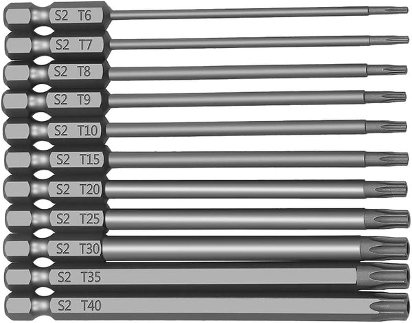 11PCS Torx Head Screwdriver Bit Set, 1/4 inch Hex Shank S2 Steel, Magnetic Security T6-T40