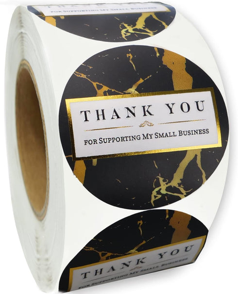 Thank You for Supporting My Small Business – Black Marble Stickers with Gold Foil – 1.5" Round, 400 Waterproof