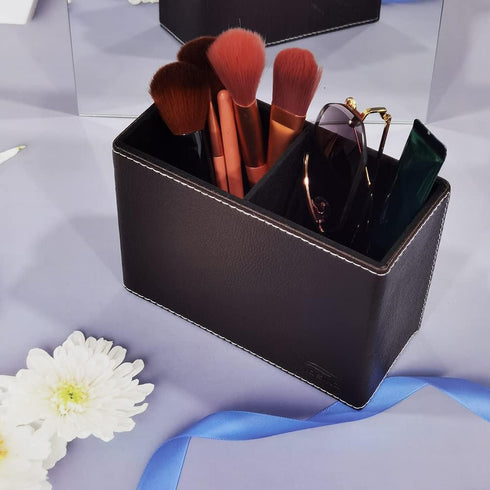 PU Leather Pen Holder for Desk Double Compartments Pencil Holder Square Desk Organizers and Storage Office Pencil Case Pen Cup Accessories Container Box by Fosinz