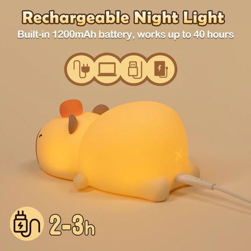 Night Light for Kids, Cute Silicone Lying Flat Capybara Nursery Light for Baby Room and Toddler, Rechargeable LED