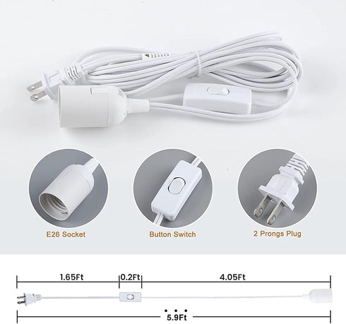 Simple Deluxe E26 5.9ft-White-3Pack Hanging Lantern Extension Cord Cable, Plug-in Pendant Light Socket with On/Off