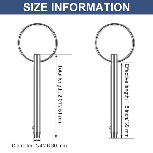 4 PCS Quick Bimini Top Pin, 316 Stainless Steel, Diameter 1/4 Inch, Total Length 2 Inch, Effective Length 1.5 Inch