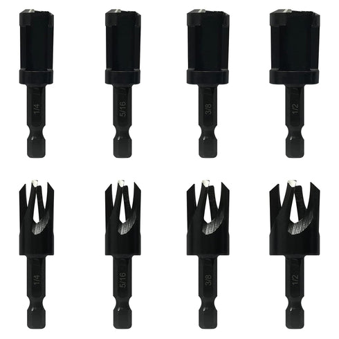 Wood Plug Cutters Set, 4 pcs Straight & 4 pcs Tapered with 1/4 Hex Shank, Cork Drill Bit Knives