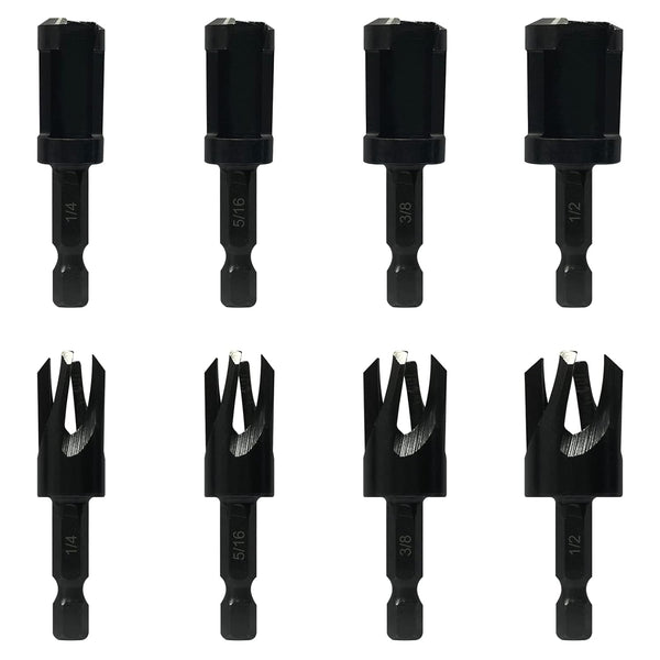 Wood Plug Cutters Set, 4 pcs Straight & 4 pcs Tapered with 1/4 Hex Shank, Cork Drill Bit Knives
