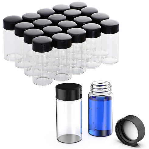 FOUR E'S SCIENTIFIC 100 Pack 20ml Clear Glass Sample Vials - 0.7Oz with Black PP Screw Caps for Lab and Essential Oils
