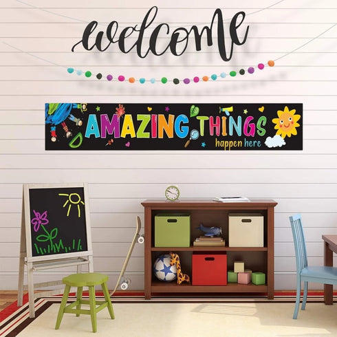 Bright Classroom Welcome Banner with Pom-Poms, Almost 5 Feet Long Event, Party and Classroom Decor
