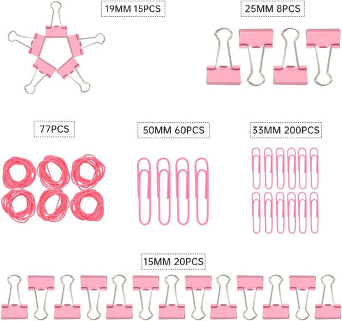Pink Binder Clips, 380 PCS Assorted Sizes Paperclips and Rubber Bands for Files and Home Supplies