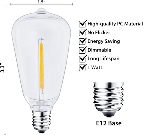 25 Packs ST38 LED Edison Bulbs,0.6Watt E12 Base Small Vintage Light Bulbs Equivalent to 7W Incandescant, 2700K Warm White Bulbs for ST38 String Lights, Shatterproof Waterproof Dimmable, Not for Solar by Filltown