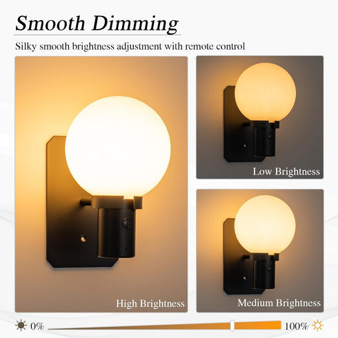 KSNALUX Set Dimmable 2700K Black LED Wall Sconces of Two Round Wall Lamp with Remote Cordless Lamp USB Rechargeable