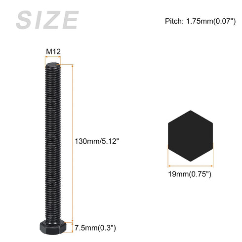 Hex Bolts (M12-1.75x130mm) 4Pcs, 8.8 Grade Carbon Steel Fully Threaded Black Oxide Hex Head Screw Bolt for Furniture