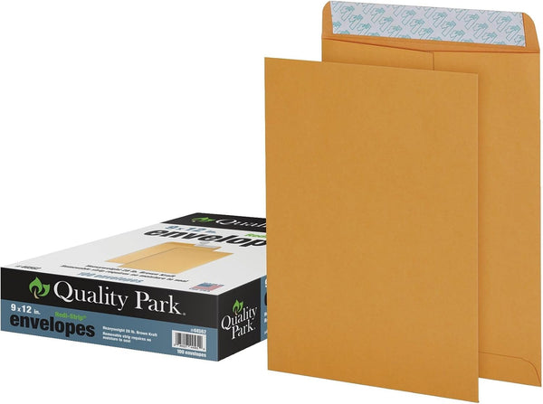 Quality Park 9" x 12" Self-Seal Catalog Envelopes | Brown Kraft | Heavy 28-lb Paper | 100 Per Box