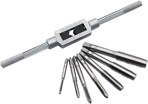 8pcs Metric Thread Machine Taps Set, Hand Screw Thread Plug Taps M3 M4 M5 M6 M8 M10 M12 with Adjustable Wrench