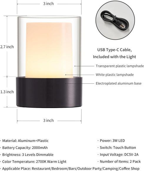 4" 2 Pack, LED Mini Cordless Table Lamp Outdoor Waterproof Lamp, Rechargeable Battery Operated Lamp, Portable Touch