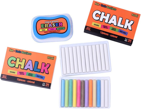 Essel Non-Toxic Dustless Chalk (12 Colored, 12 White) & Microfiber Chalkboard Eraser - Washable & Reusable