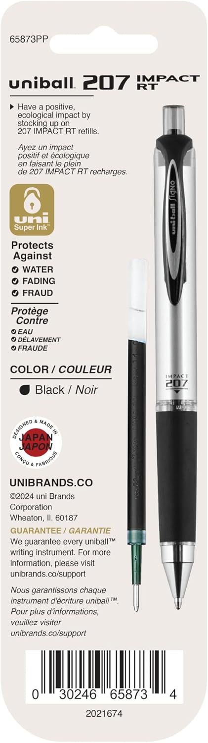 uniball Refill for Gel 207 Impact Rt Roller Ball Pens, Black Ink, Bold Conical Tip, 2/pack