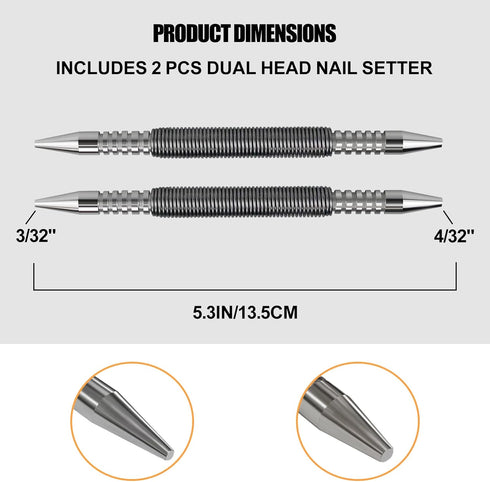 2 Pcs Dual Head Nail Setter 3/32 and 1/8 Spring Loaded Nail Set Hammerless Double Ended Nail Punch Tool, 3500 PSI Striking Force Counter Punch