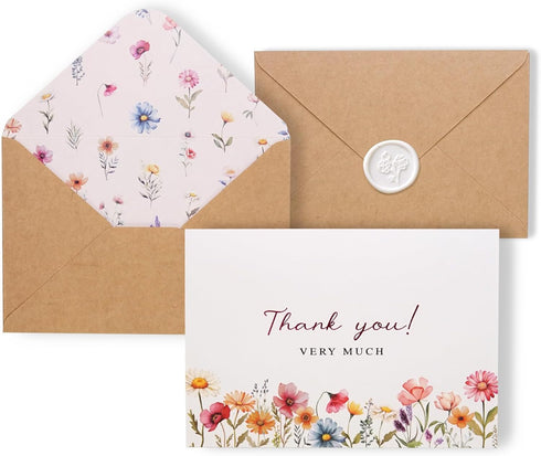 Liheheca Floral Thank You Cards with Kraft Envelopes and Wax Seal Stickers, Bulk