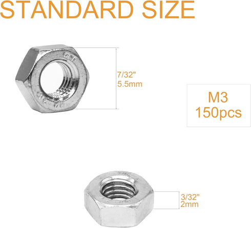binifiMux 150 pcs M3 Hex Nuts, Stainless Steel 3mm I.D Hex Nuts for 3D Printer & Machinery, Silver