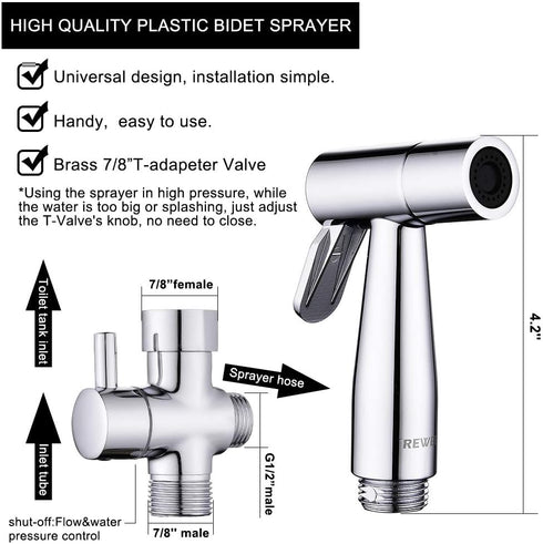 REWEE Set ABS Handheld Bidet Sprayer for Toilet, Chrome Plate Plastic Bidet Attachment for Toilet,Cloth Diaper Bidet