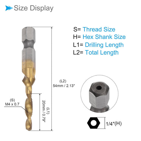 Combination Drill and Tap Bit, M4 x 0.7 Thread Size 1/4" Hex Shank, 4341 Titanium Coated High Speed Steel Tools - (Applications: for Aluminum Stainless Steel Plastic)