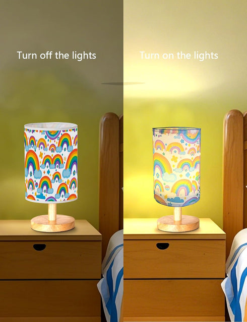 3 Dimmable Rainbow Lamp, Girls Lamps for Bedroom, Level Wood Nightstand Desk Base Flaxen Fabric Shade for Bedroom