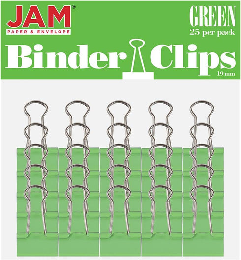 JAM PAPER Colorful Binder Clips - Small - Green - 3/4 Inch (19 mm) - 25/Pack