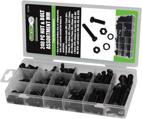 Grip 240 pc Nut & Bolt Assortment, Machine Bolts, Hex Nuts, Split Washers for Home, Garage