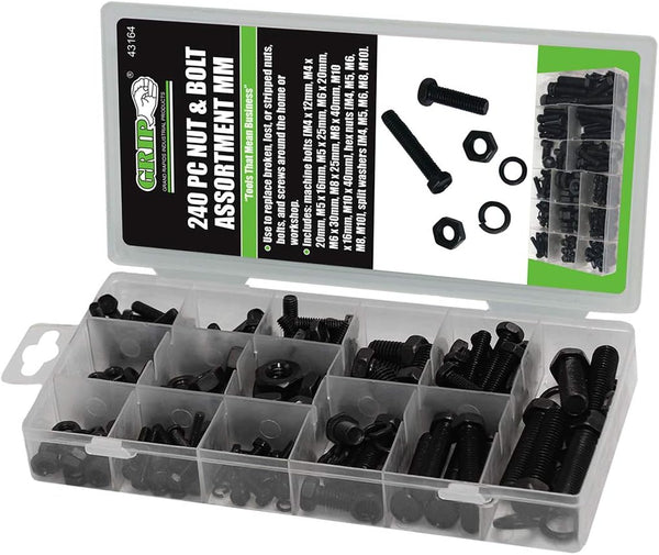 Grip 240 pc Nut & Bolt Assortment, Machine Bolts, Hex Nuts, Split Washers for Home, Garage
