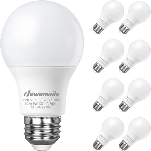 DEWENWILS A19 LED Light Bulbs, 8-Pack, 760LM, 5000K Daylight, 9W (60W Equivalent), E26 Medium Base, Non-Dimmable, UL