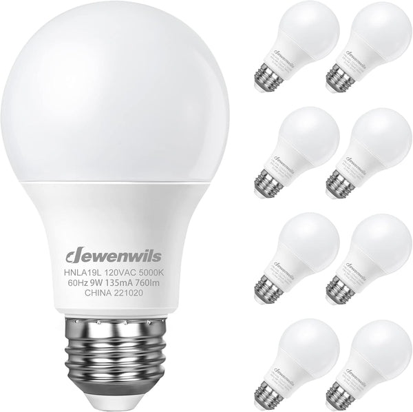 DEWENWILS A19 LED Light Bulbs, 8-Pack, 760LM, 5000K Daylight, 9W (60W Equivalent), E26 Medium Base, Non-Dimmable, UL
