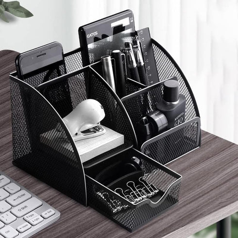 Metal Mesh Desk Organizer - Stationery Pen Holder, Pencil Pot, Makeup Brush Organizer for Home Office (Black)