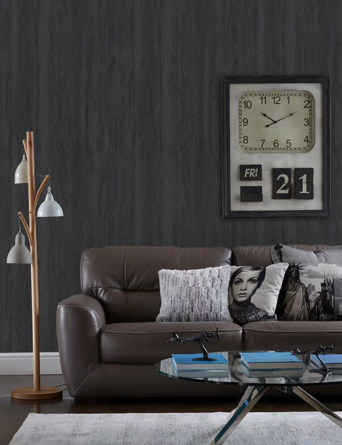 15.7"X118" Black Wood Wallpaper, Peel and Stick Fishbone Textured Contact Paper for Cabinet Decoration