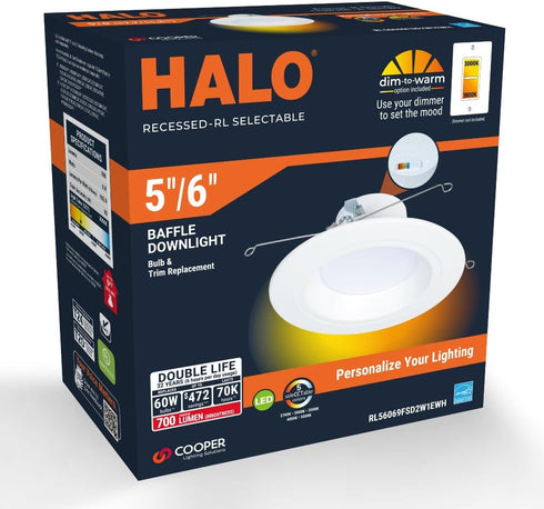 5/6 2700K 3000K 3500K 4000K 5000K Dimmable 600 RL56069FSD2W1EWH HALO RL in LED Recessed Light Trim Selectable Color