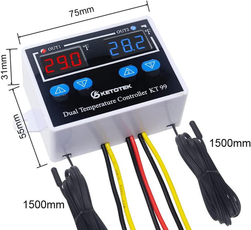 Digital Dual Temperature Controller 120V, Fahrenheit Thermostat 10A with 2 Waterproof Probes, Heating Cooling Switch