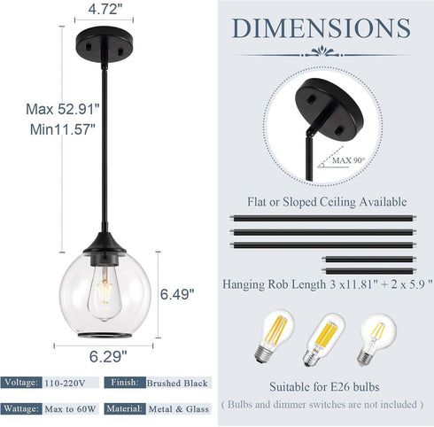 Shade,6.29" 1 Pendant Lights Kitchen Island,Farmhouse Black Pendant Light with Clear Glass Globe Glass Pendant Light