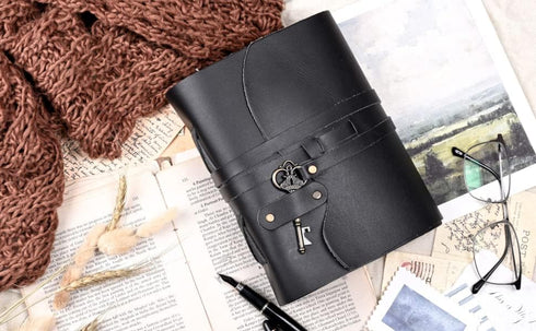 Vintage Leather Journal by LEATHER VILLAGE, 200 Handmade Deckle Edge Paper, Black, 6X4 inches (A6) with Key Closure