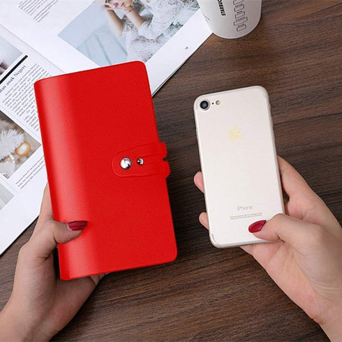 RFID Leather Credit Card Holder, Business Card Organizer with 96 Slots, Red Case for Important Documents