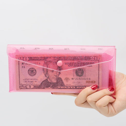 Cash Envelope Wallet with 6pcs Divider and 2pcs Monthly Tab Stickers, Reusable Budget Envelopes, Pink Glitter PVC
