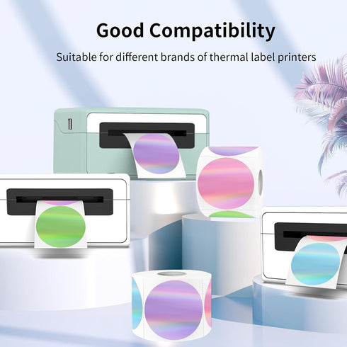 Yegawen 3" 4 Circle Holographic Thermal Label Stickers, Round Printable Labels Rainbow Glitter Thermal Printer Sticker
