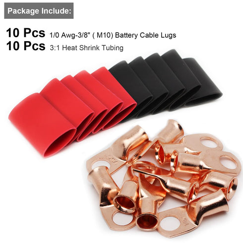 TKDMR 10pcs 1/0 AWG-3/8 Heavy Duty Battery Lugs, Ring Terminals, Battery Cable Ends with 10pcs 3:1 Heat Shrink Tubing