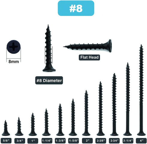 #8 x 1-1/4" Wood Screw, 100 PCS Black Phosphate Coated Stainless Flat Truss Head Fast Self Tapping Screws