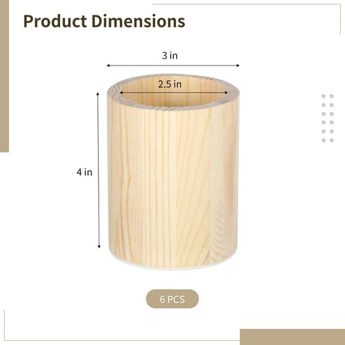 Chewtoyo Set 6 Of Round Wooden Desk Organizers, Unfinished Natural Wood Holders For Pencils, Paintbrushes, Makeup