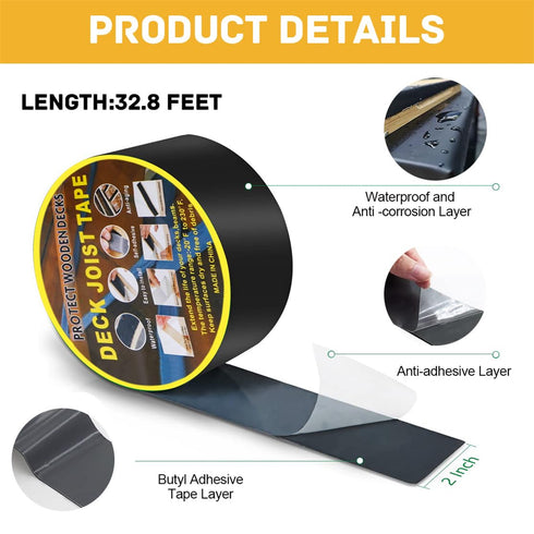 Joist Tape for Decking Weather-Resistant Deck Joist Tape Self Adhesive Butyl Flashing Tape Seal Waterproof Butyl Joists Tape for Wood Beams Roof 2 Inch x 32.8 Feet