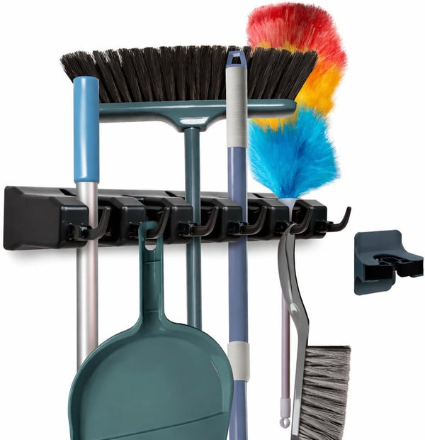 Combo 5 Slot Broom Holder w/ 1 Self Adhesive Mop Gripper No-Drilling,