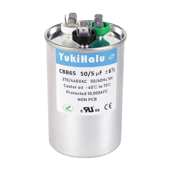 YukiHalu 50+5 uF 50/5 MFD 370 or 440 VAC CBB65 Dual Run Capacitor for Air Conditioner, Motor Run, Heat Pump
